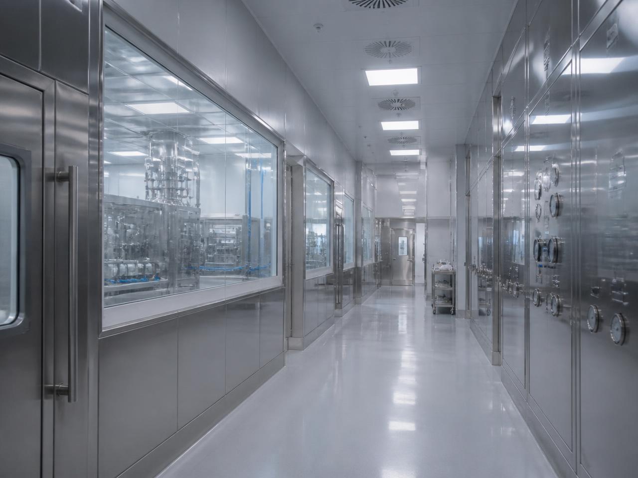 Scientists working inside a pharmaceutical cleanroom facility