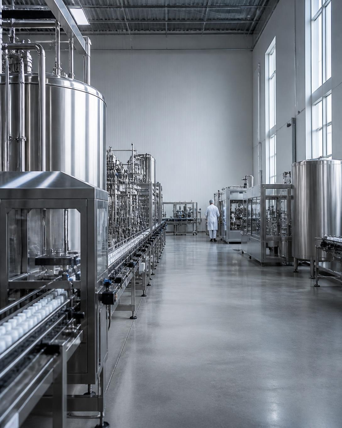 Modern pharmaceutical production hall with stainless steel processing equipment